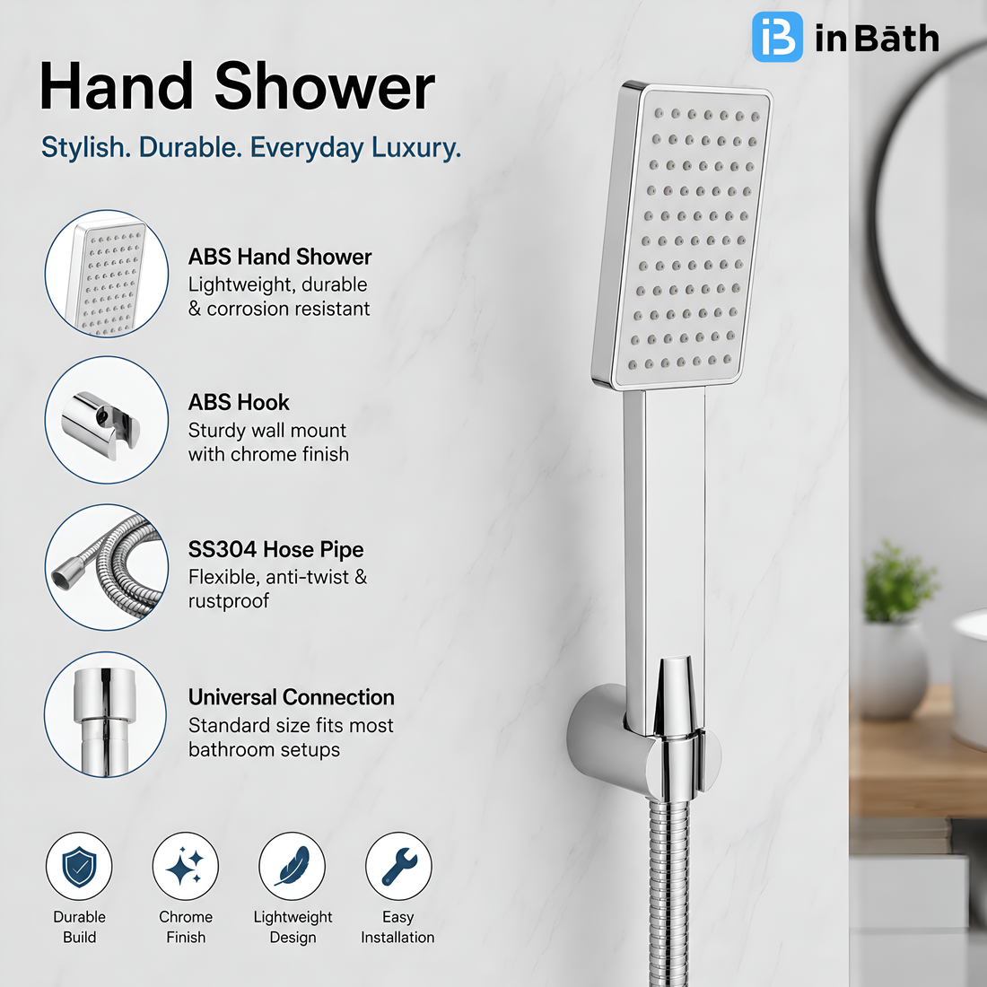 Stella Hand Shower With SS Flexible Pipe & Hook