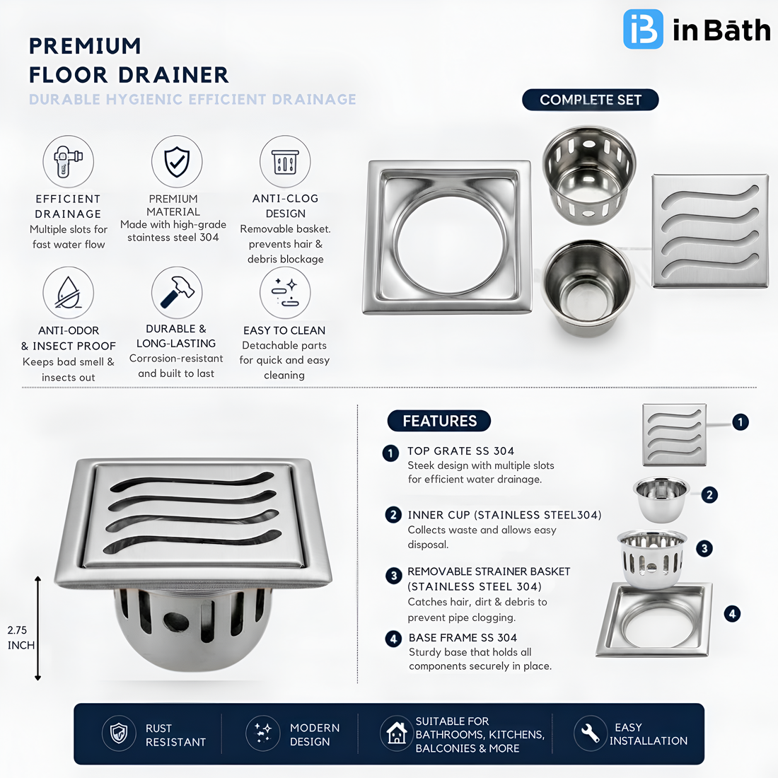 WAVE Square Floor Drainer (SS 304 Grade)