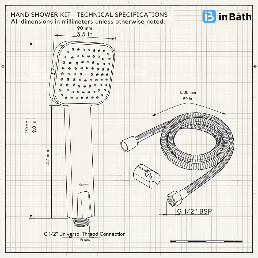 Square Hand Shower with SS Flexible Pipe & Hook