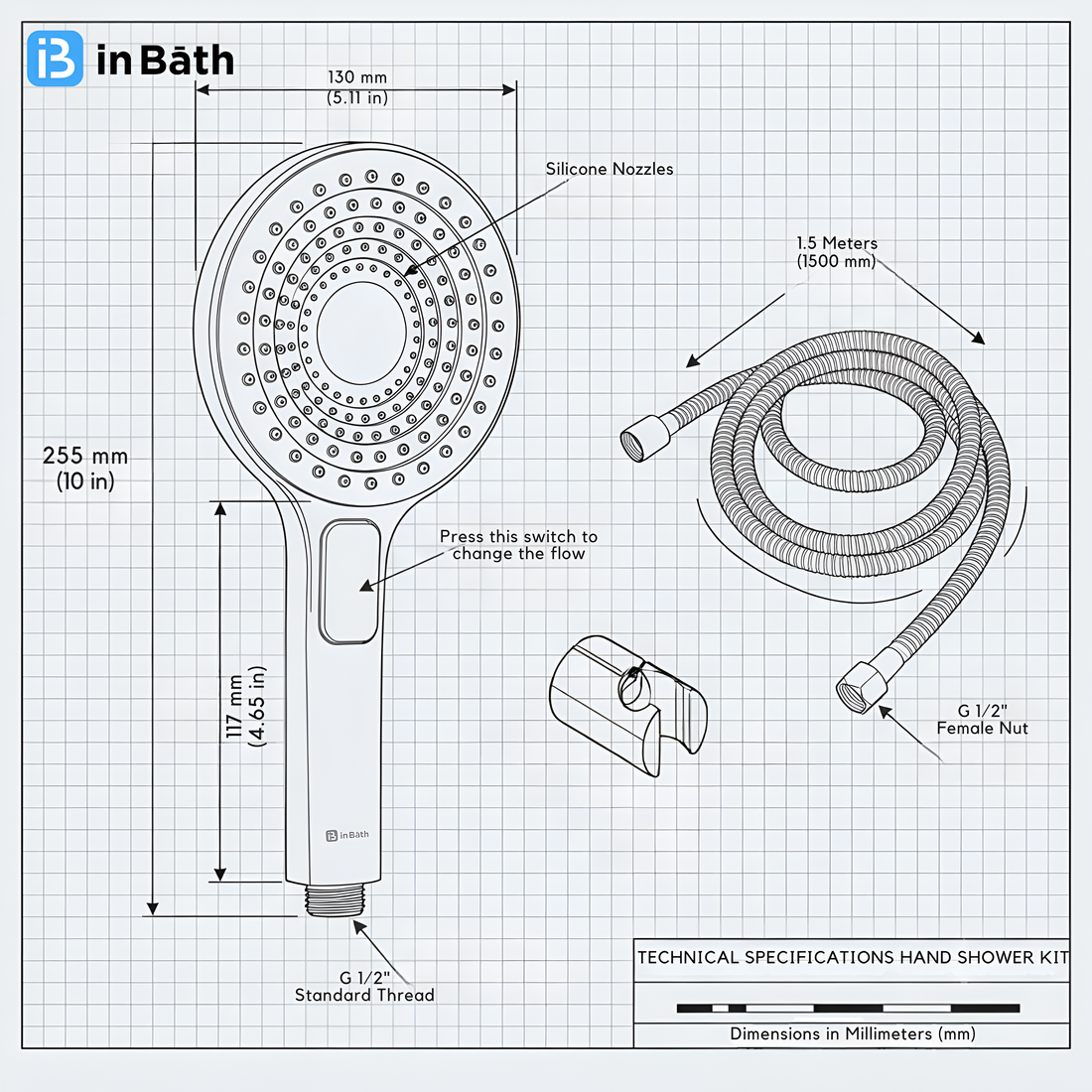 Spykar Hand Shower With SS Flexible Pipe & Hook