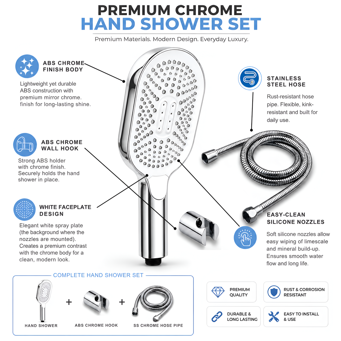 Inox Hand Shower With SS Flexible Pipe & Hook