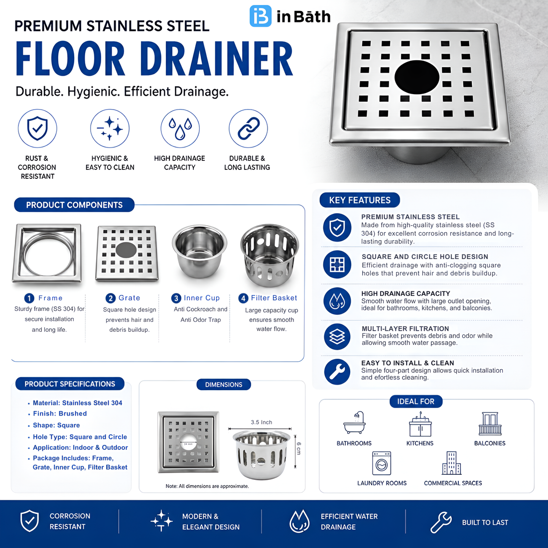 Aura Square Floor Drain Matte Finish