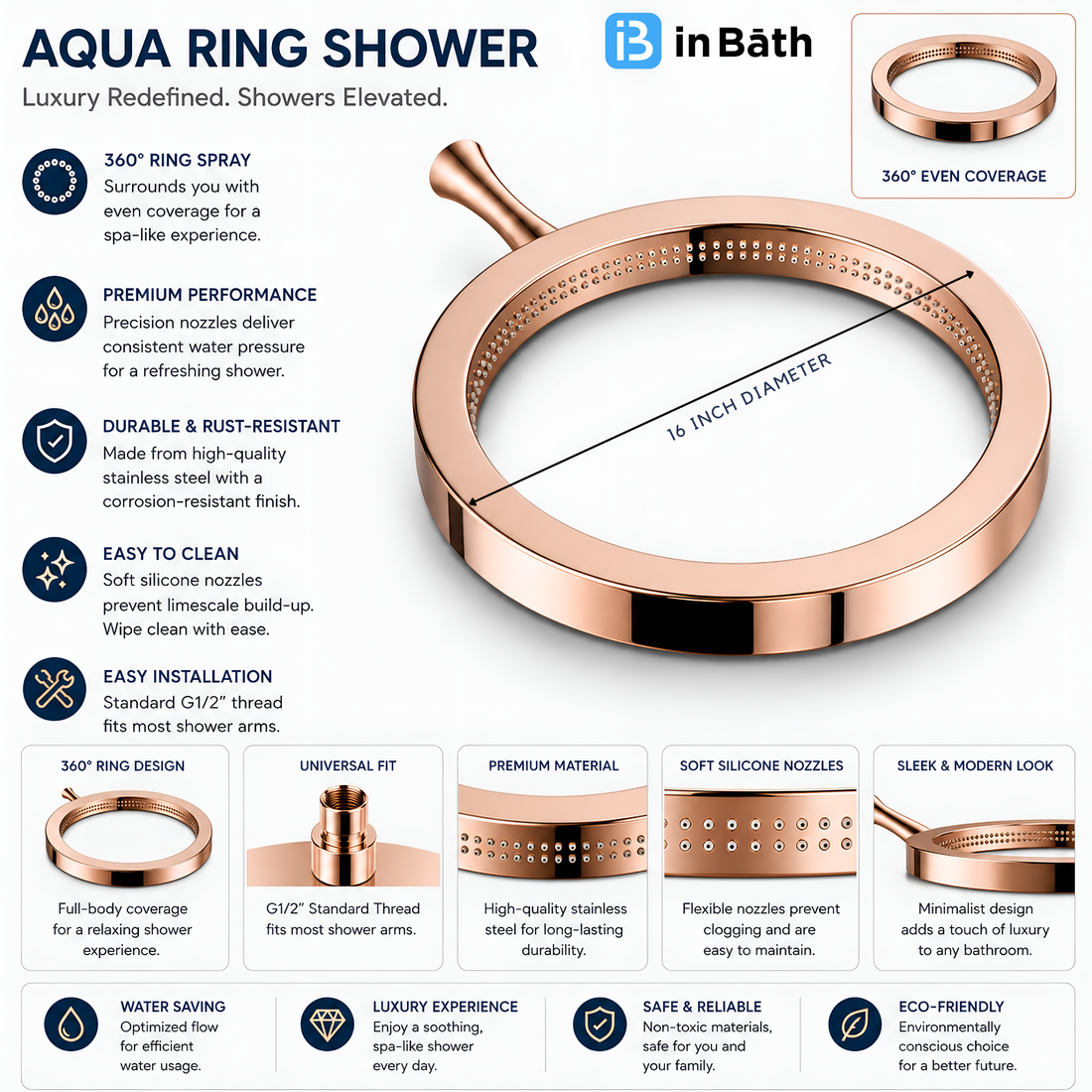 Aqua Ring 16 Inches Overhead Shower (Rose Gold Finish)