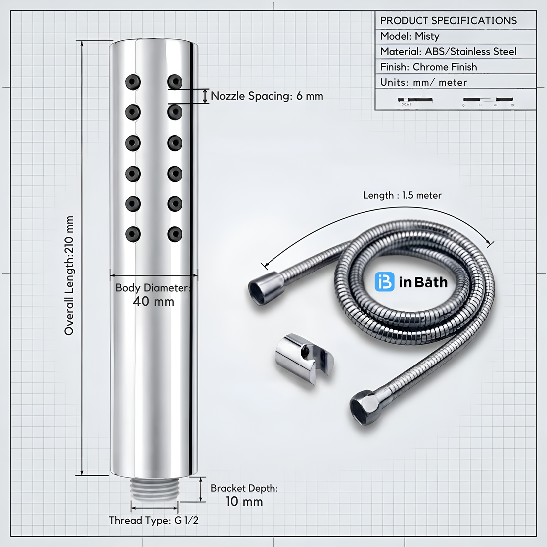 Misty Round Hand Shower with SS Flexible Pipe & Hook