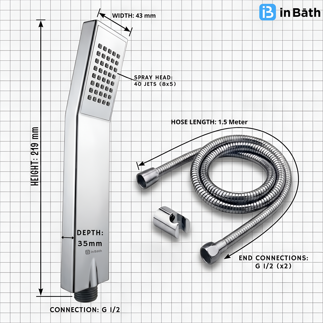 Sleek Hand Shower With SS Flexible Pipe & Hook