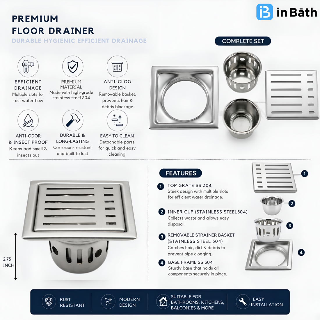 Piano Square Floor Drain (SS 304 Grade)