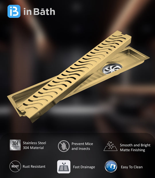 Gold (PVD) Wave Shower Drain Channel (SS 304 Grade)