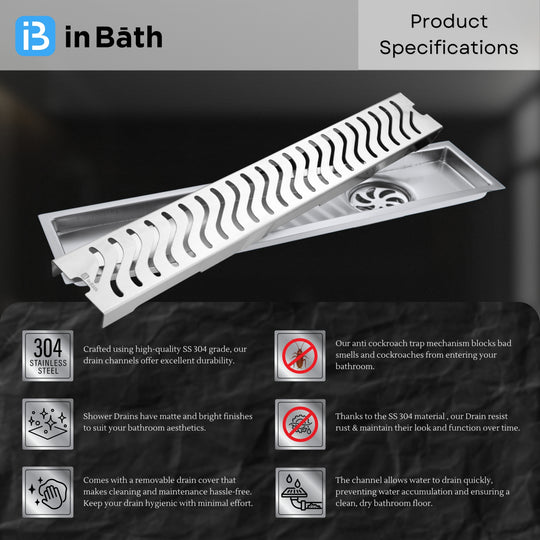 InBath Elite Wave Shower Drain Channel with Collar (SS 304)